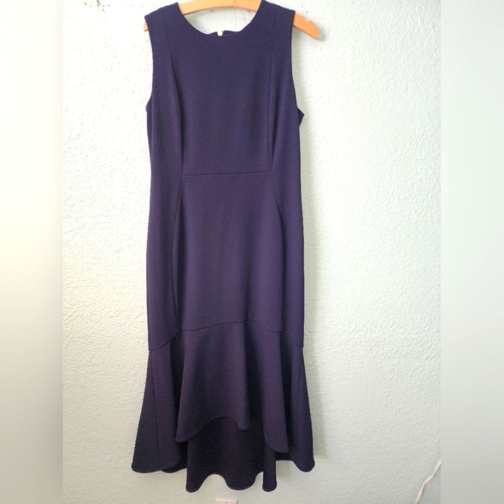 Calvin Klein Blue Sheath Dress Sleeveless Crew Neck High Low Hem